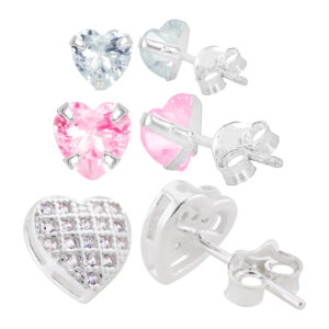 0001 Trio Brinco Prata Zircônia Coração Rosa