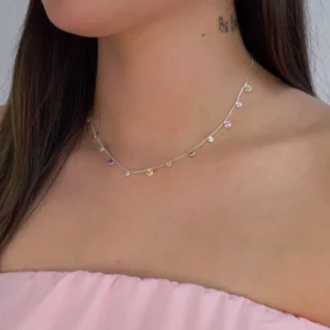 Colar Prat 13 Zircônias Redondas 4mm e 3mm Cristal e Coloridas 39cm+5,5cm Ext