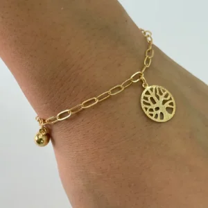 Pulseira árvore da vida e bolinhas ouro