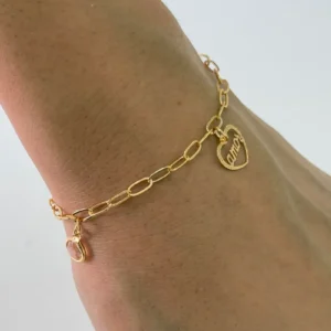 Pulseira coração amor e pedrinhas cristal ouro