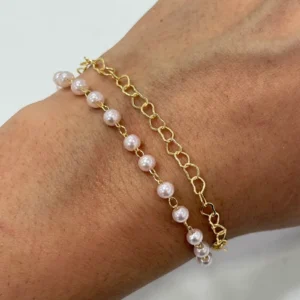 Pulseira dupla corrente corações e pérolas