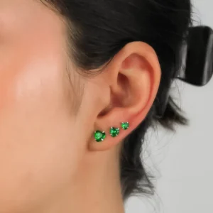 Trio Brinco Prata Zircônia Coração Esmeralda